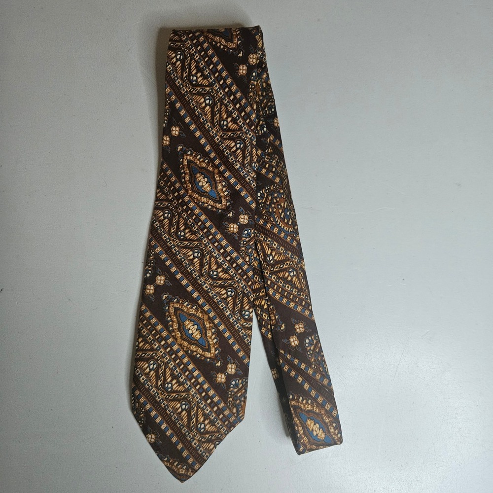 Vtg Brooks Brothers Makers Silk Tie Brown Blue Geometric Paisley Printed England